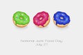 National Junk Food Day. July 21. Donuts Hand drawn Vector card illustration